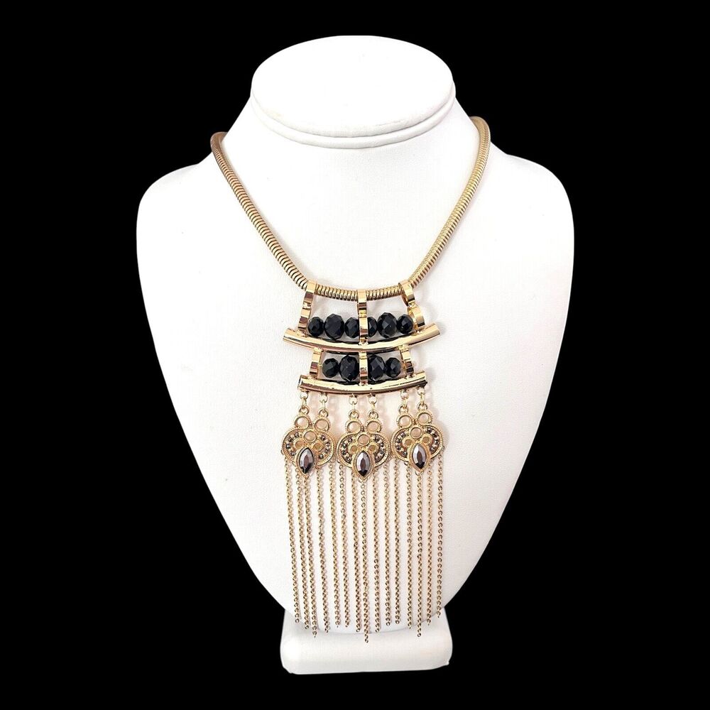New Gold Tone Fringe Necklace Black Beads, Hematite Stones - 10U